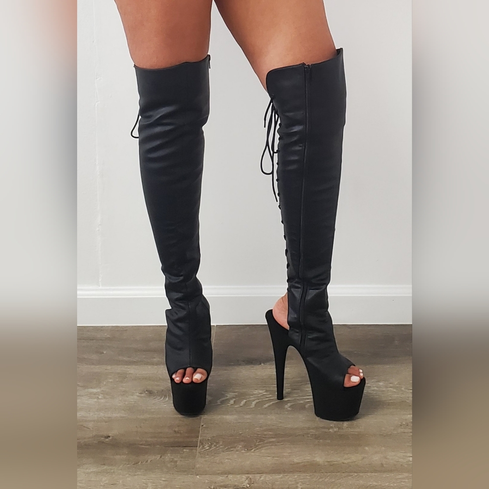 Black Thigh High Lace-up Pole Dance Boots Size 7